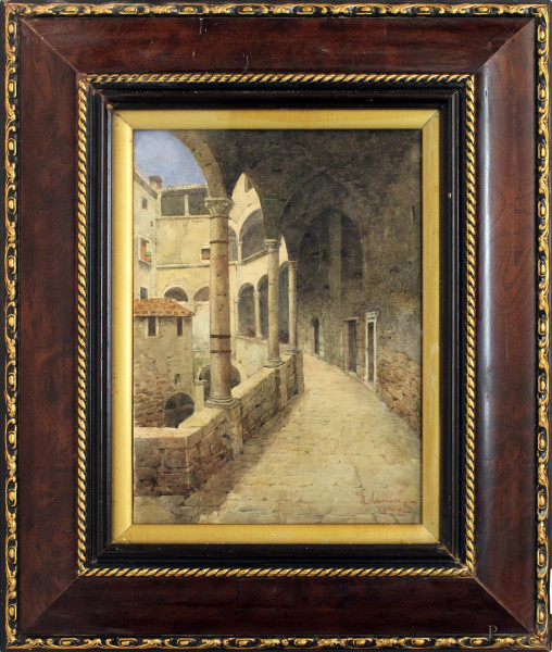 Interno di monastero, acquarello su carta, cm 36x27, firmato F. Coleman.