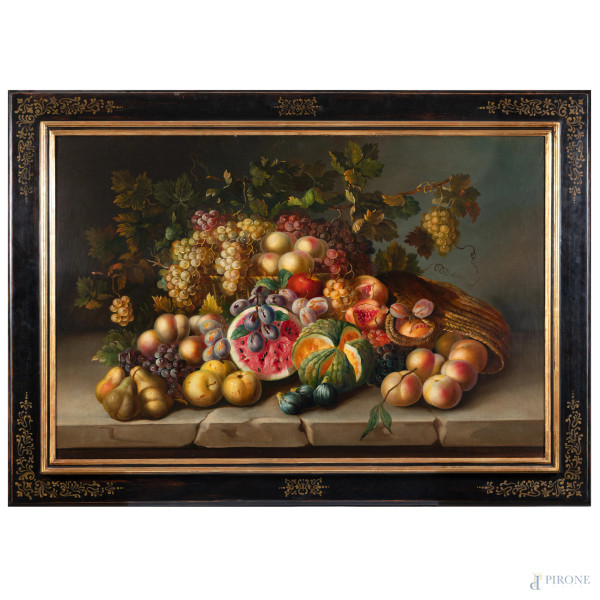 Natura morta con frutta, XIX secolo, olio su tela, cm 79x120, entro cornice