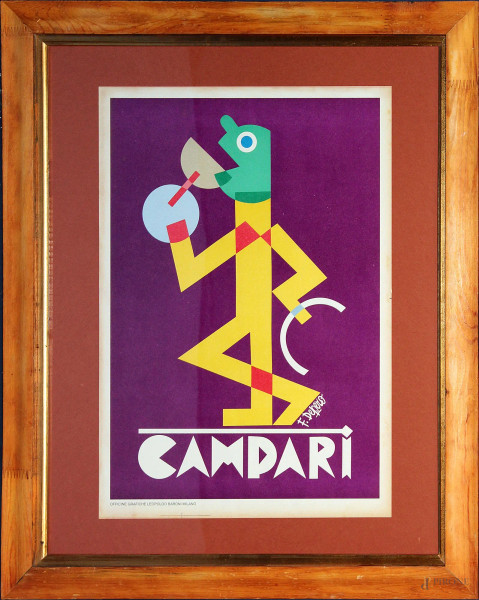 Locandina pubblicitaria del Campari di F. Depero, 50x35 cm, entro cornice.