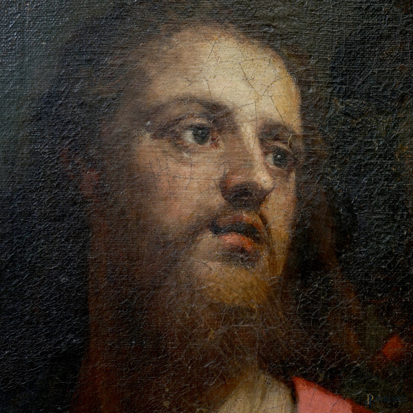 Scuola genovese del XVII secolo, Cristo e l'adultera, olio su tela, cm 93,5x117, entro cornice