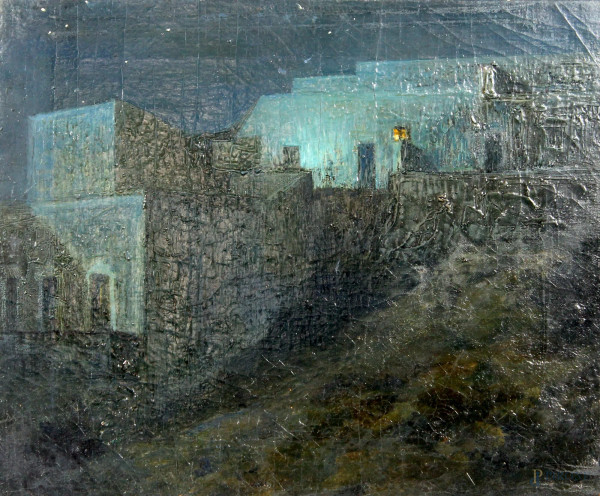 Notturno, olio su tela, cm. 31x38, recante firma sul retro Marius Pictor.