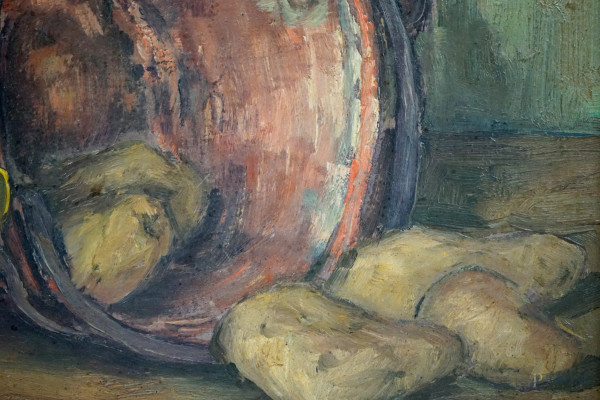 Natura morta-paiolo con patate, olio su cartone, cm 18x24, firmato, entro cornice