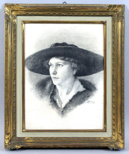 Arnaldo Malpieri - Donna con cappello, disegno a matita su carta, cm 40x30 entro cornice
