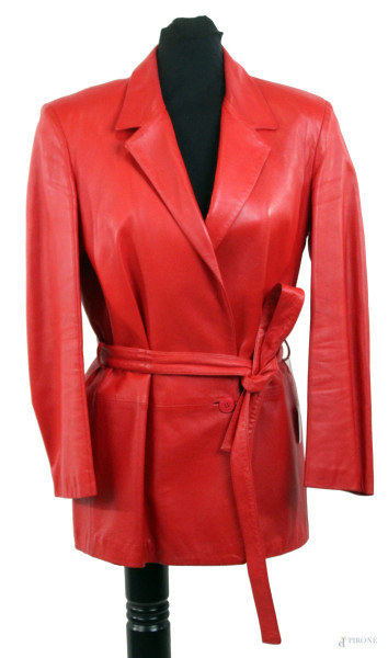 Versace Jeans Couture, blazer rosso in pelle con cinta, taglia IT 42, (segni di utilizzo).