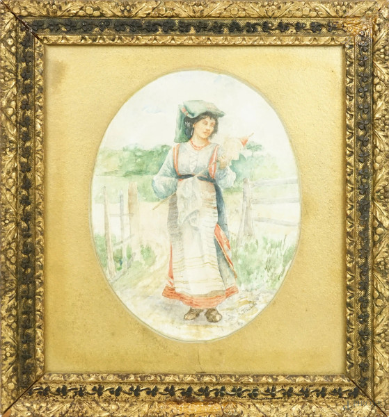 Popolana con fuso, acquerello su carta in assetto ovale, XX secolo, cm 25x19,5 circa, entro cornice