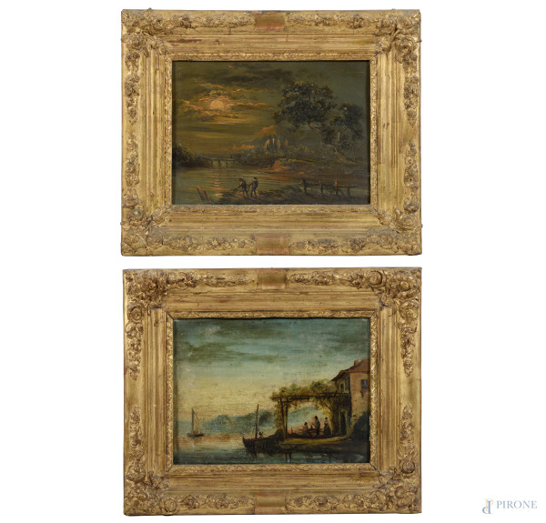 Coppia di dipinti raffiguranti paesaggi lacustri, olio su tavola, XIX-XX secolo, cm 24x33, entro cornice