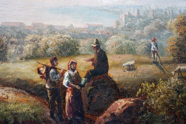 Paesaggio con figure, olio su tavola, firmato, cm 44x73, entro cornice