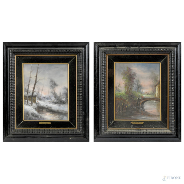 Athos Renzo Brioschi (1910-2000), coppia di paesaggi, olio su tela applicata su cartone, 27x21, entro cornice, (supporti imbarcati)