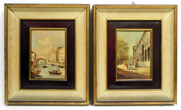 Coppia di scorci veneziani con figure, olio su tela, cm 12x9, entro cornici.