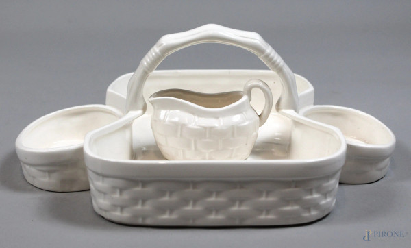Cestino centrotavola in ceramica bianca completo di salsiera, cm altezza 10x25x31