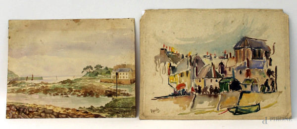 Lotto composto da due acquarelli su carta raffiguranti paesaggi, cm 25x33, primi &#39;900.