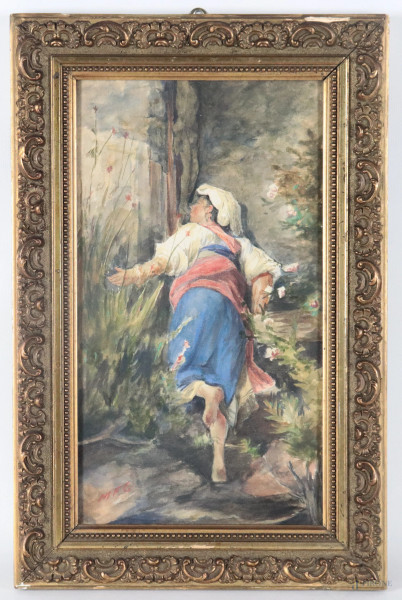Ciociara che raccoglie i fiori, XX secolo, tecnica mista su carta applicata su cartoncino, cm 33x18,  siglato in basso a sinistra, entro cornice, (segni di usura, ondulazioni della carta, lievi tracce di umidità)