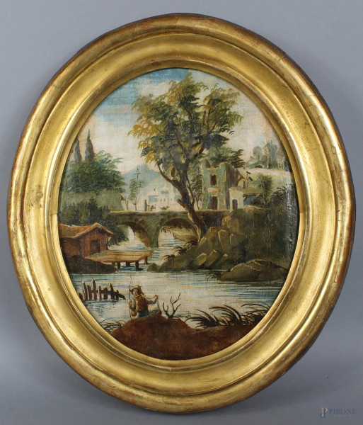 Scuola Italiana fine XVIII secolo, Paesaggio fluviale, olio su tavola, cm. 36x29, entro cornice coeva.