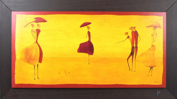 Thierry Ona - Figure con ombrelli, tecnica mista su tavola, altezza cm. 49x99, entro cornice