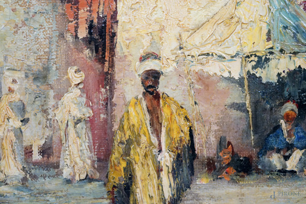 Scena araba, XIX-XX secolo, olio su tela, cm 30x40, firmato in basso a sinistra, entro cornice
