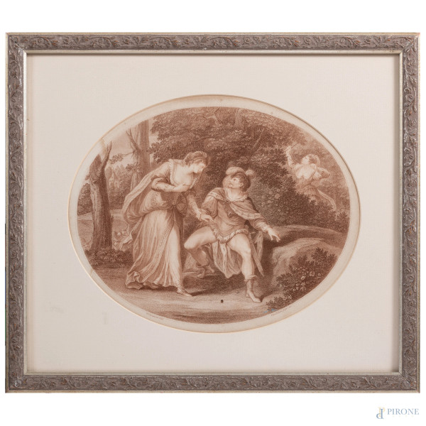 Francesco Bartolozzi,(1728 - 1815),  Acquaforte da G.B. Cipriani, bulino e maniera punteggiata a color seppia, cm 39,5x46 compreso passepartout, entro cornice, (lievi segni di usura e tracce di umidità)