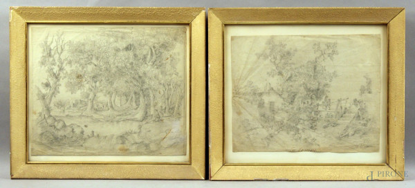 Coppia di paesaggi con figure, disegni a matita su carta, 24x31 cm, scuola francese del XIX sec, entro cornici.