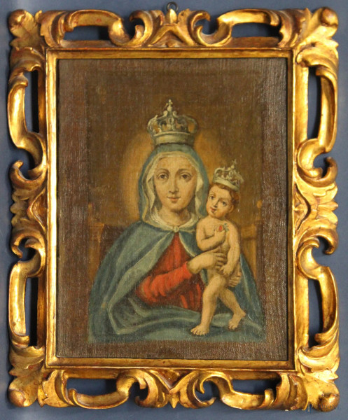 Madonna con bambino, olio su tela, 32x23 cm, entro cornice XVIII sec.