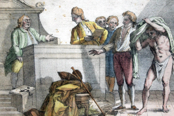 Lotto composto da quattro stampe acquerellate tratte dalla Raccolta di quaranta proverbi toscani, incisore Carlo Lasinio (1759-1838), cm  27x40,5, entro cornici, (macchie).