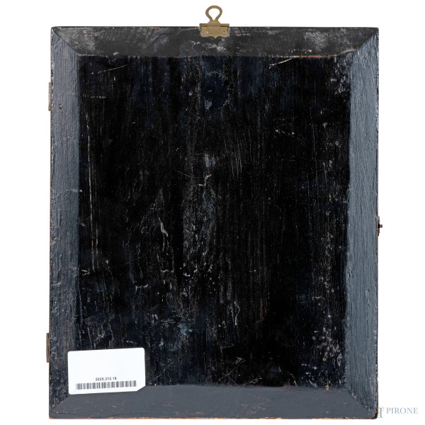 Icona raffigurante Madonna con Bambino entro riza in argento, XX secolo, cm 21,5x17, entro cornic...