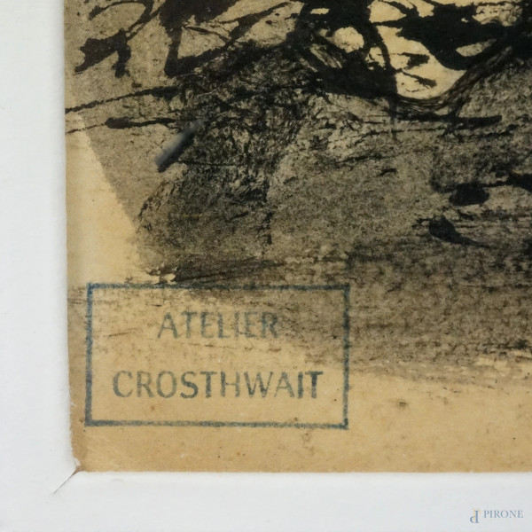 Scorcio di Piazza, inchiostro acquerellato su carta, recante timbro Atelier Crosthwait, cm 34x24 ...