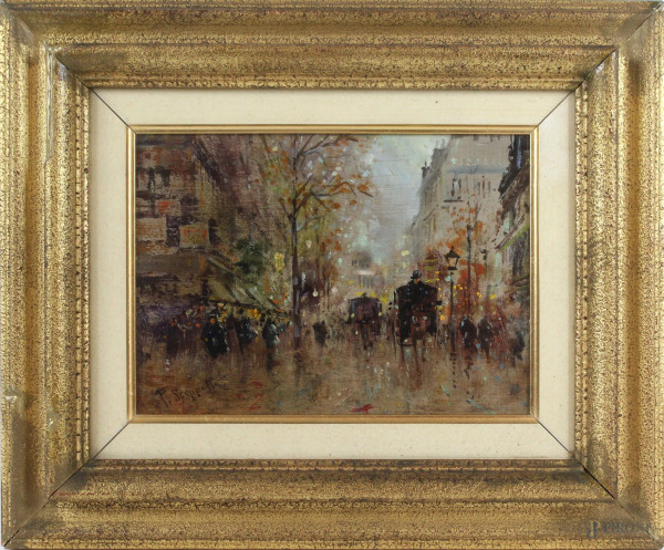 Veduta di Parigi, olio su tavoletta, cm 14x20, firmato, entro cornice