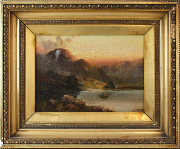 Paesaggio con lago, olio su tela, cm 26x36, firmato, entro cornice, (si segnala danno da urto sulla tela).