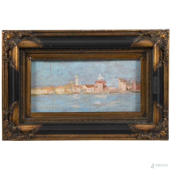 Venezia, XX secolo, olio su tavoletta, cm 26,5x42, entro cornice, (segni di usura, rotture, abrasioni, cadute di colore, scalfiture)