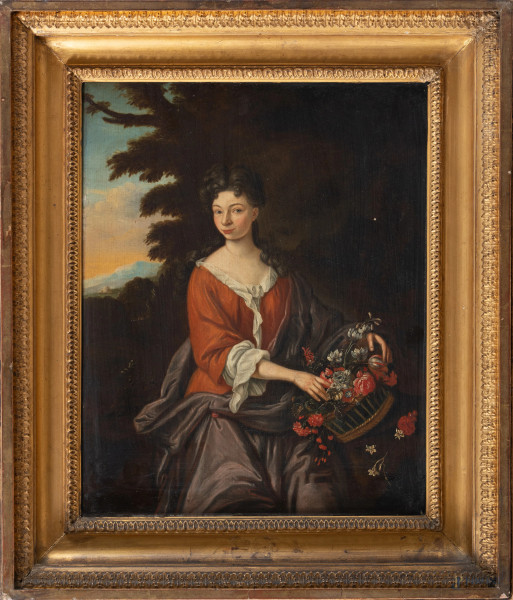 Donna con cesta di fiori, XIX secolo, olio su tavola, cm 35x28, entro cornice