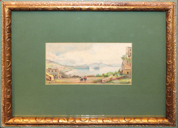 Veduta del Golfo di Napoli con figure su sfondo Vesuvio, acquarello su carta, cm 22 x 11,5,  XIX sec., entro cornice.
