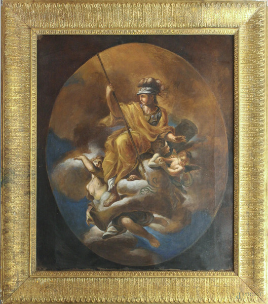 Scena mitologica, dipinto ad olio su tela, cm 65 x 55, entro cornice.