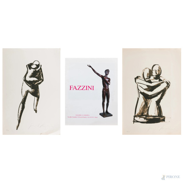 Lotto di due litografie di Pericle Fazzini (1913 – 1987) raffiguranti figure, cm 65x44, es. 70/1000, firmato in basso a destra, (segni di usura, tracce di umidità, gore, foxing)