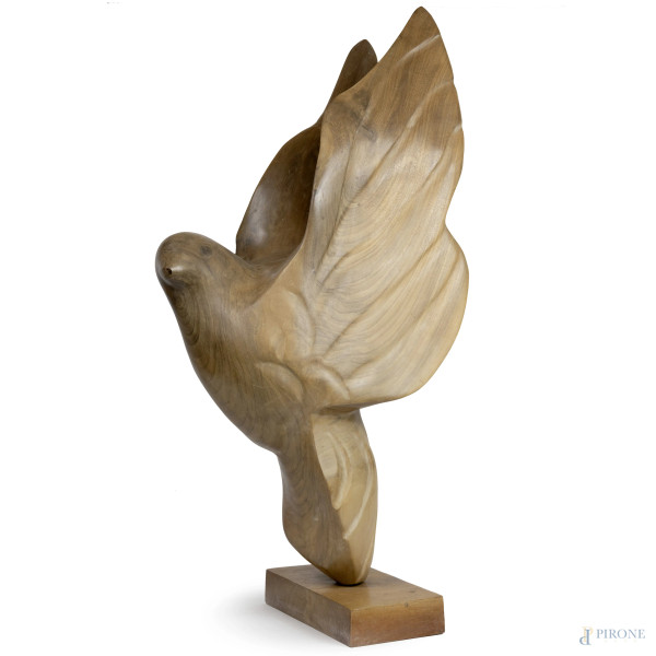 Scultura in legno rappresentante una colomba, base lignea rettangolare, XX secolo, altezza cm 89 ...