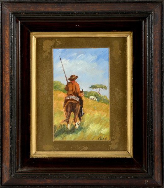 Buttero a cavallo, XX secolo, olio su compensato, cm 20x11,5, firmato in basso a sinistra, entro cornice