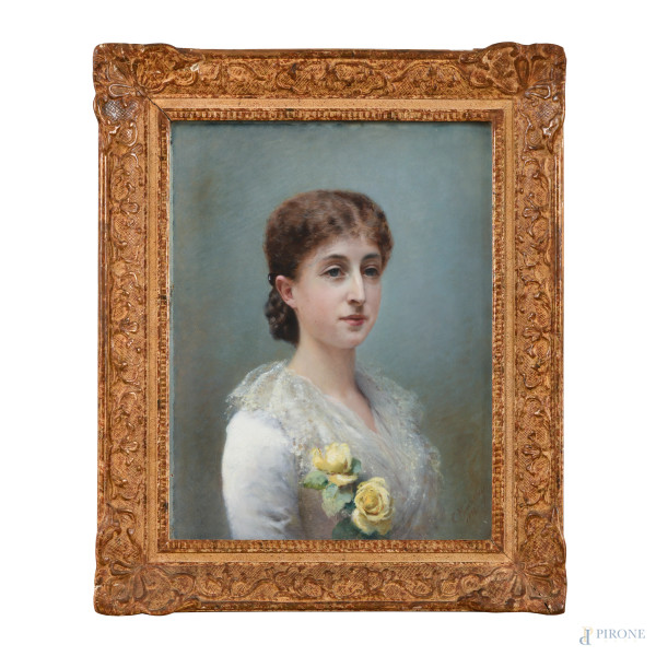 Constantin Makowsky (1839-1915), Ritratto di ragazza con rose, olio su tavola, cm 55x43, firmato e datato  [..]
