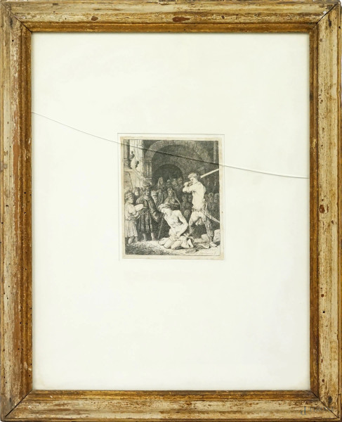 Decollazione di San Giovanni Battista, acquaforte da Rembrandt (1606-1669), cm 13x11, entro cornice.