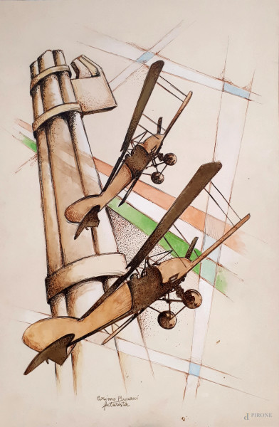 Cosimo Buccari (XX sec.) Aeropittura, tecnica mista su cartone, cm 42x27, firmato “Cosimo Buccari...