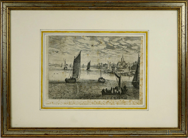 Antica incisione raffigurante marina con imbarcazioni, cm 20x28,5, entro cornice, (macchie diffuse)