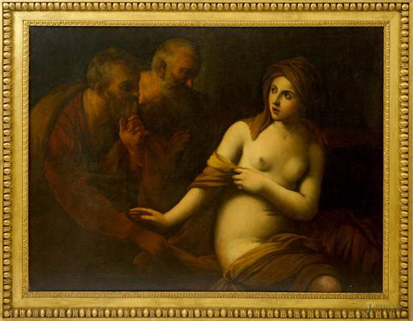 Guido Reni - Susanna e i vecchioni, sec. XVIII, olio su tela, cm 114X150, entro cornice