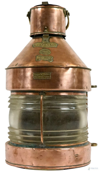 Lanterna da nave in rame e vetro, inizi XX secolo, cm h 60, (segni del tempo).
