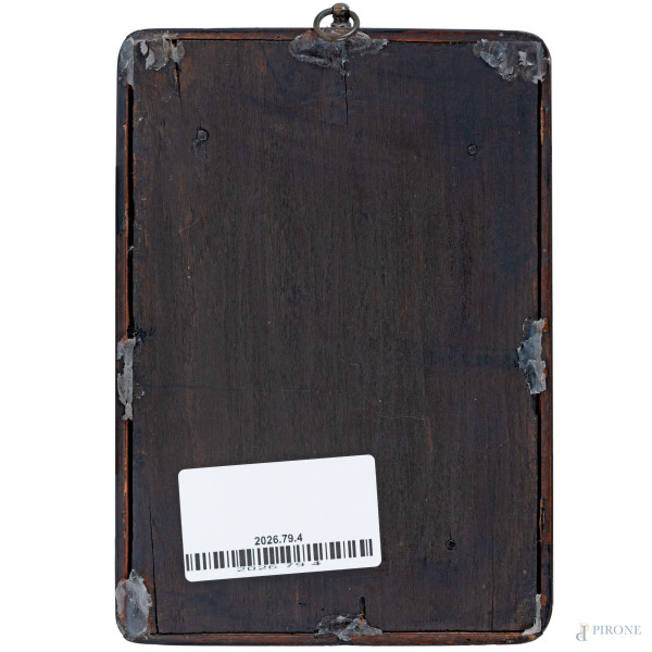 Icona con riza in argento entro teca, XIX-XX secolo, cm 17,5x13x4