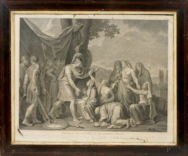 Veturia implora Coriolano, incisione, cm 58x73, pittore e inventore J.J.Le Barbier (1738-1826), incisore Avril (1744-1831), editori A.Bes et F.Dubreuil, XIX secolo,  entro cornice, (macchie e difetti).