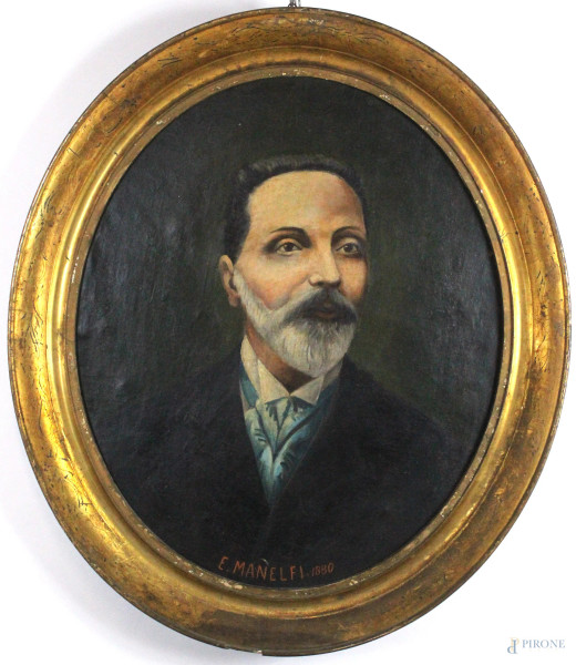 Ritratto di gentiluomo ad assetto ovale, olio su tela applicata su tavola, cm.  57x45, E. Malefi, 1880, entro cornice.
