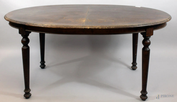 Tavolo di linea ovale allungabile in legno tinto, XX sec. H.78x160x100cm. ( completo di prolunga da 40cm).