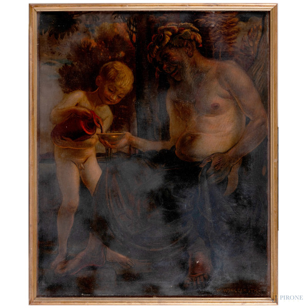 Sileno ebbro, XX secolo, olio su tela, cm 80x65, firmato in basso a destra, entro cornice, (piccole abrasioni, cadute di colore)