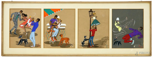 Quattro scene dipinte a tecnica mista su carta raffiguranti coppie di innamorati con cagnolini, ingombro max cm 23,5x84,5, firmati e siglati in basso a destra, entro un'unica cornice.