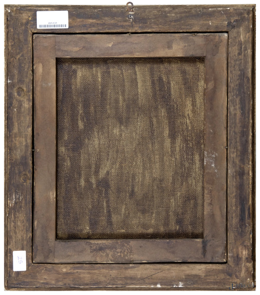 Pittore del XIX secolo, Paesaggio con cascata, olio su tela, cm 42x35 entro cornice, (difetti)