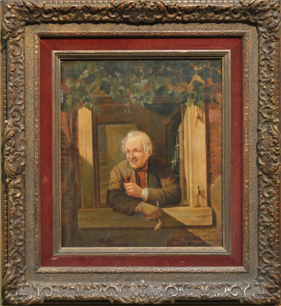 Uomo alla finestra, olio su tavola 27x23 cm, entro cornice, XIX sec.
