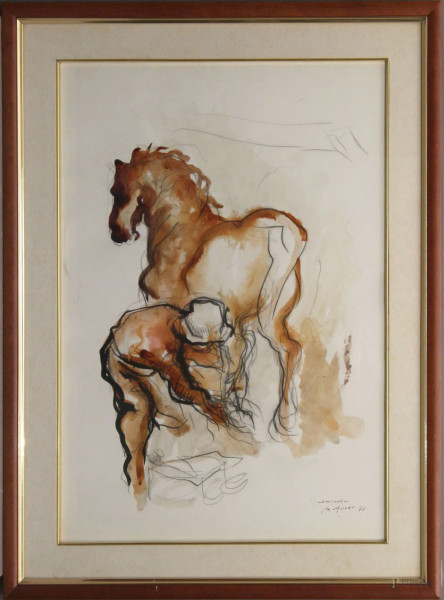 Augusto Murer - Uomo e cavallo, olio su tela, 50x70 cm, entro cornice con autentica