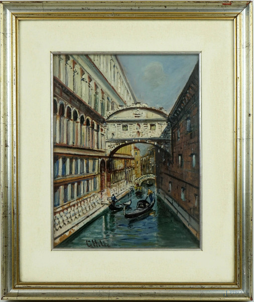 Il Ponte dei Sospiri a Venezia, olio su tavola, cm 35x26,5, firmato, entro cornice.